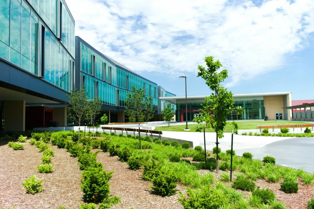 Modern commercial building with landscaped grounds